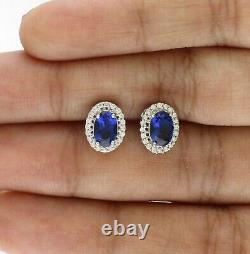 1.00 Ct Natural Blue Sapphire Stud Woman's Earrings 14K White Gold Silver Plated