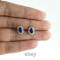 1.00 Ct Natural Blue Sapphire Stud Woman's Earrings 14K White Gold Silver Plated