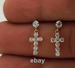 1.00 Ct Round Real Moissanite Cross Stud Earring In 14K Yellow Gold Finish