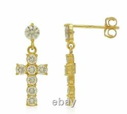 1.00 Ct Round Real Moissanite Cross Stud Earring In 14K Yellow Gold Finish