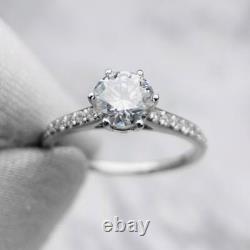 1.00Ct Round Moissanite Accented Solitaire Engagement Ring 14K White Gold Plated