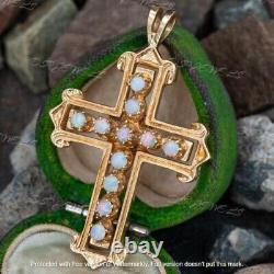 1.20Ct Round Cut Natural Fire Opal Vintage Cross Pendant 14K Yellow Gold Plated