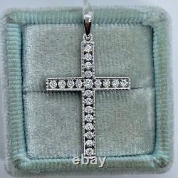 1.30Ct Round Moissanite Cross Religious Pendant 14K White Gold Plated Free Chain