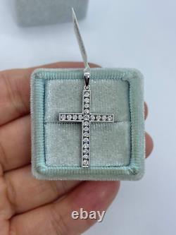 1.30Ct Round Moissanite Cross Religious Pendant 14K White Gold Plated Free Chain