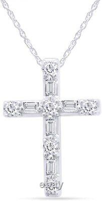 1/4 Ct Round & Baguette Diamond Cross 14K White Gold Plated Pendant Necklace 18