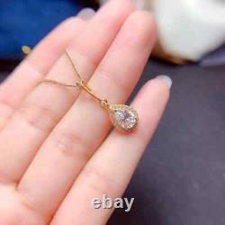 1.50Ct Pear Cut Real Moissanite Halo Pendant 14K Yellow Gold Plated Free Chain