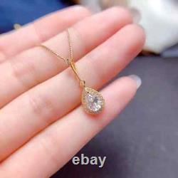1.50Ct Pear Cut Real Moissanite Halo Pendant 14K Yellow Gold Plated Free Chain
