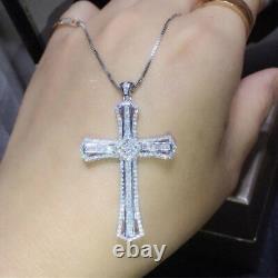 1.50Ct Round Real Moissanite Cross Pendant 18Chain 14K White Gold Silver Plated