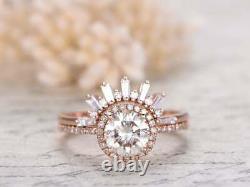 1.60 Ct Round Moissanite Curved Wedding Set Engagement Ring 14K Rose Gold Plated