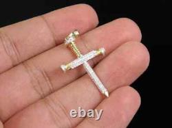 1.60Ct Round Cut Real Moissanite Nail Cross Pendant Yellow Gold Plated Silver