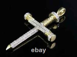 1.60Ct Round Cut Real Moissanite Nail Cross Pendant Yellow Gold Plated Silver