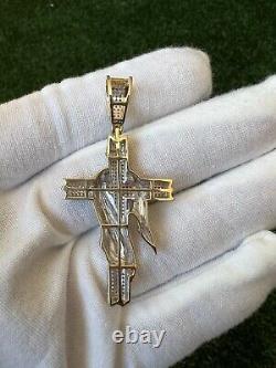 1.70Ct Round Real Moissanite Cluster Jesus Cross Pendant 14K Yellow Gold Plated