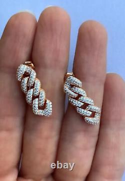 1.80 Ct Round Cut Real Moissanite Cuban Link Chain Earrings 14K Rose Gold Finish