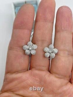 1.80Ct Round Cut Real Moissanite Cluster Flower Stud Earrings White Gold Plated