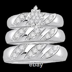 10K White Gold Plated 1/6 Ct Diamond Unisex Wedding Ring Trio Set