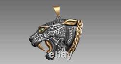 14K Gold Plated Silver Black Panther Head Pendant with 1.57Ct Simulated Diamond
