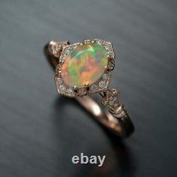 14K Rose Gold Plated 2Ct Oval Simulated Fire Opal Halo Vintage Engagement Ring