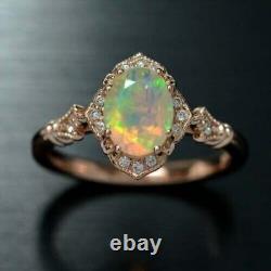 14K Rose Gold Plated 2Ct Oval Simulated Fire Opal Halo Vintage Engagement Ring