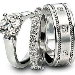 14K White Gold Plated His & Hers Simulated Diamond Wedding Trio Couple Ring Set