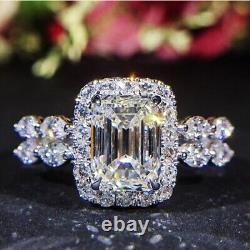 14K White Gold Plated Moissanite Halo Engagement Ring 2.50 Ct Emerald Cut