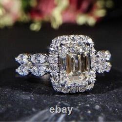 14K White Gold Plated Moissanite Halo Engagement Ring 2.50 Ct Emerald Cut