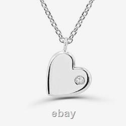 14K White Gold Plated Solid Metal & White Diamond Heart Pendant 18 Silver Chain