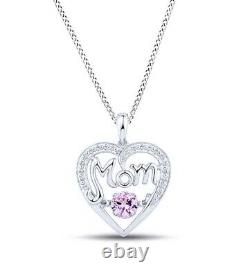 14K White Gold Plated Sterling Silver Pink Sapphire Mom Heart Pendant