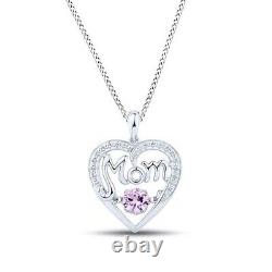 14K White Gold Plated Sterling Silver Pink Sapphire Mom Heart Pendant