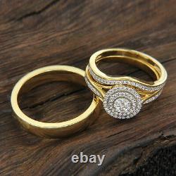 14K Yellow Gold Over His & Hers Diamond Trio Set Bridal Engagement Wedding Ring