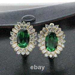 14K Yellow Gold Plated 3.50Ct Oval Cut Lab Created Emerald Clip On Stud Earrings