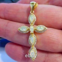 14K Yellow Gold Plated 3Ct Lab Created Marquise Fire Opal Pendant Cross Necklace