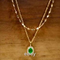 14K Yellow Gold Plated 3Ct Oval Cut Natural Green Emerald Pendant Necklace