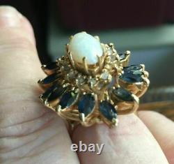 14K Yellow Gold Plated Huge 2.25Ct Fire Opal Lab-Created Sapphires Cocktail Ring