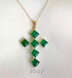 14K Yellow Gold Plated In 2Ct Princess Cut Simulated Green Emerald Cross Pendant