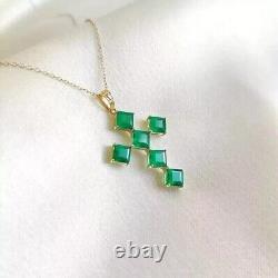 14K Yellow Gold Plated In 2Ct Princess Cut Simulated Green Emerald Cross Pendant