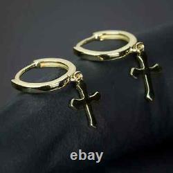 14K Yellow Gold Plated Solid Cross Drop Dangle Huggie Hoop Earrings For Men