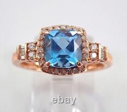 14k Rose Gold Plated 3 Ct Cushion Cut Simulated Blue Topaz Women's Wedding Ring