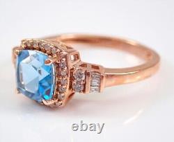 14k Rose Gold Plated 3 Ct Cushion Cut Simulated Blue Topaz Women's Wedding Ring