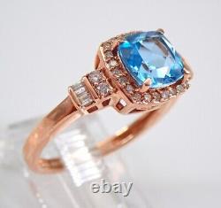 14k Rose Gold Plated 3 Ct Cushion Cut Simulated Blue Topaz Women's Wedding Ring