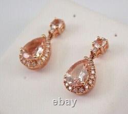 14k Rose Gold Plated Pear Cut Simulated Peach Morganite Halo Pretty Drop Earring