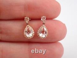 14k Rose Gold Plated Pear Cut Simulated Peach Morganite Halo Pretty Drop Earring