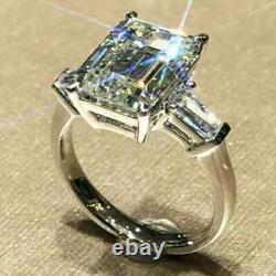 14k White Gold Plated 3.20Ct Emerald Cut Moissanite Three Stone Engagement Ring