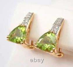 14k Yellow Gold Plated Trillion Simulated Green Peridot Omega Back Drop Earrings