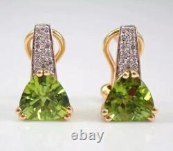 14k Yellow Gold Plated Trillion Simulated Green Peridot Omega Back Drop Earrings