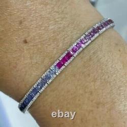 15.60 ctw Princess Cut Rainbow Sapphire 14K White Gold Plated Tennis Bracelet