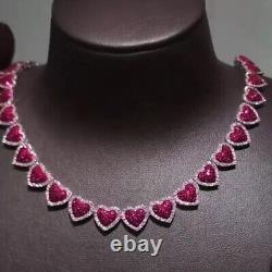 15 Ctw Lab-Created Ruby & Diamond Tennis Heart Women's Necklace 14K Gold Plated