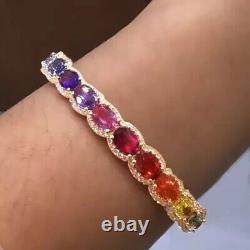 17ct Oval Cut Multicolor Rainbow Sapphire 14K Yellow Gold Plated Tennis Bracelet