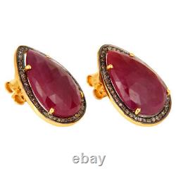 18K Gold Plated Pave Diamond Ruby Gemstone Wedding Stud Earring Jewelry