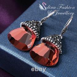 18K White Gold Plated Glass Crystal Large Garnet Red Fan Dangle Earrings
