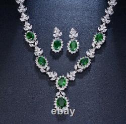 18k White Gold Plated Lab-Created Green Emerald Necklace Earrings Set Gorgeous